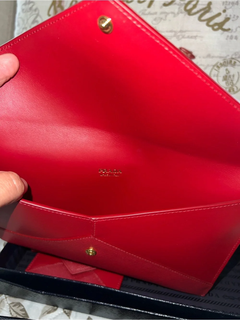 Prada Red Saffiano Envelope Clutch with Gold Logo